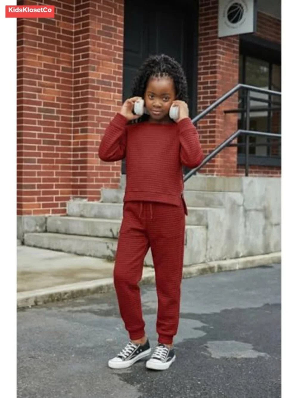 Girls Waffle Knit 2 Piece Tracksuit Jogger Set Long Sleeve Athletic Activewear